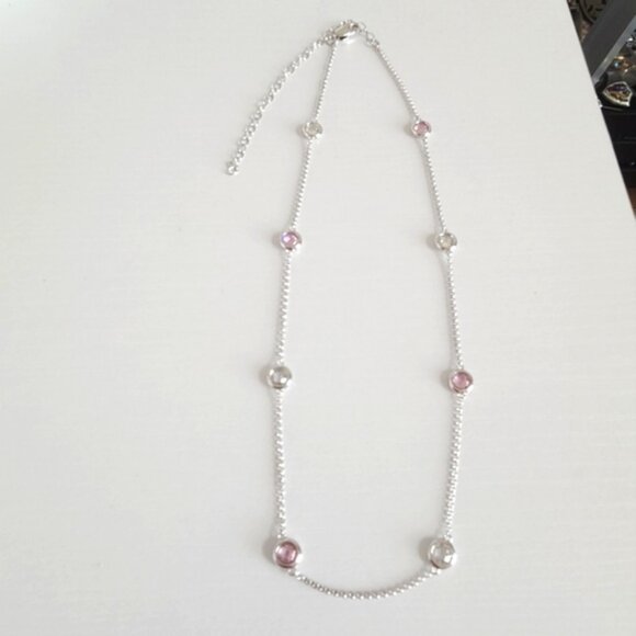 Dainty Sterling Silver Elegant Feminine Pink Round Crystal Chain Necklace - Picture 8 of 9